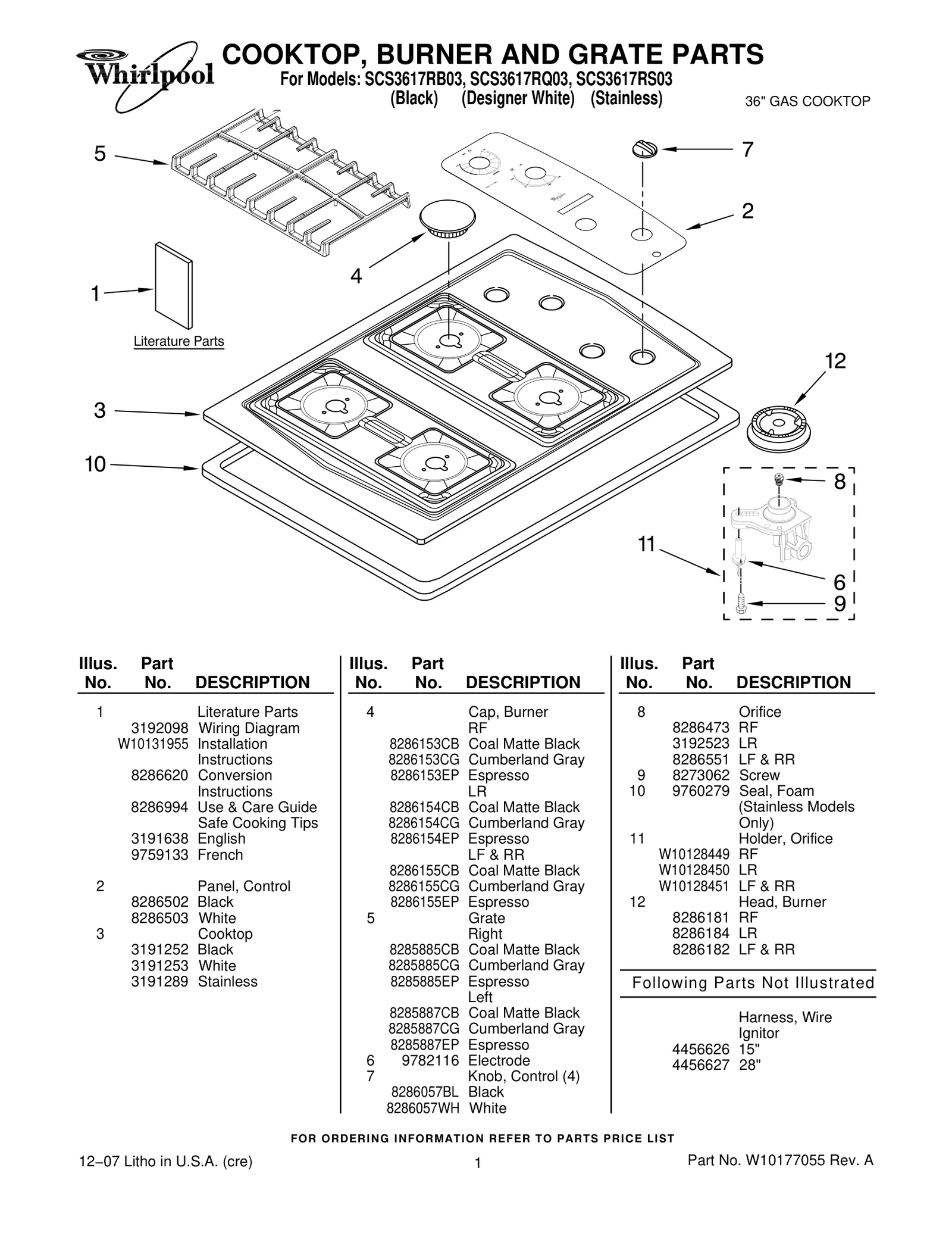 COOKTOP, BURNER AND GRATE PARTS