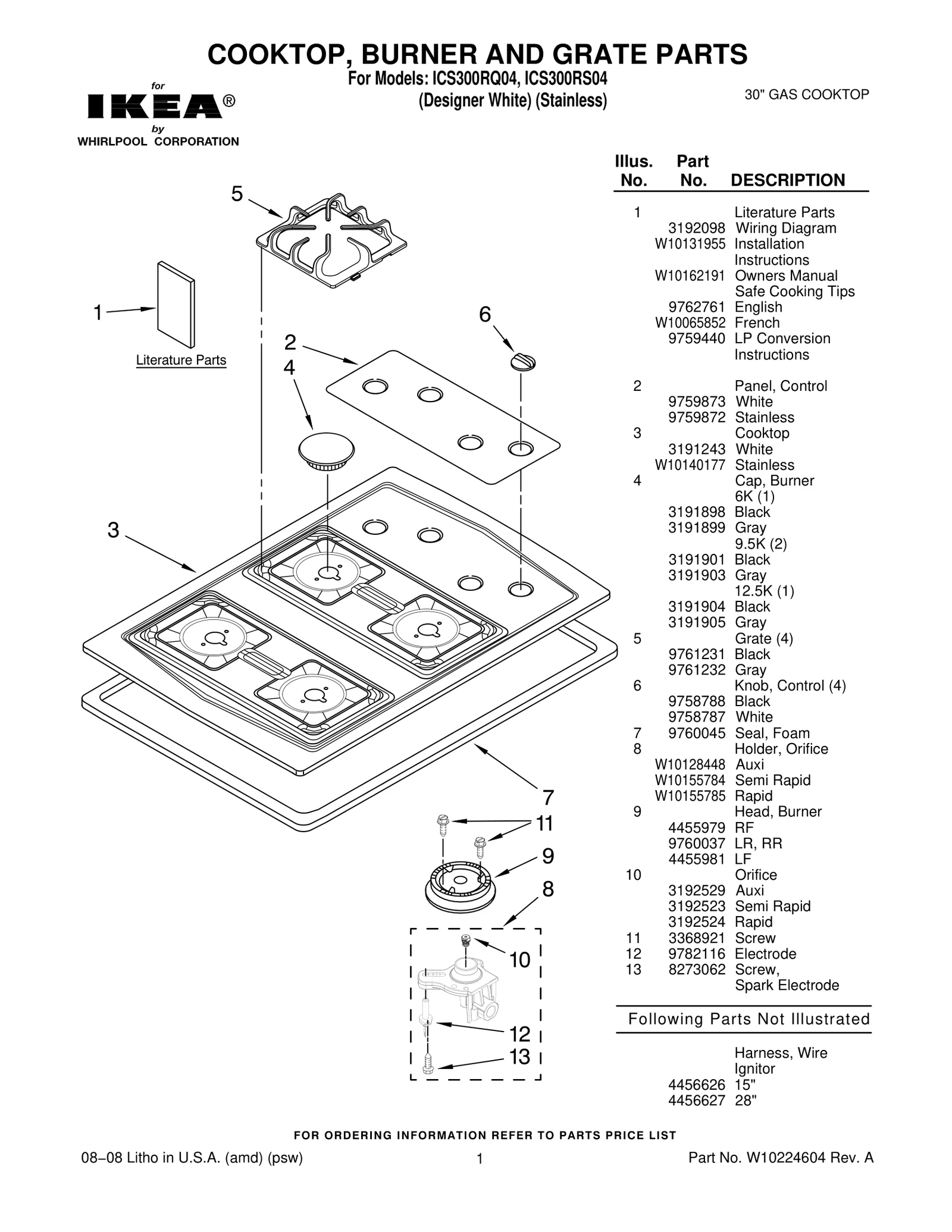 COOKTOP, BURNER AND GRATE PARTS